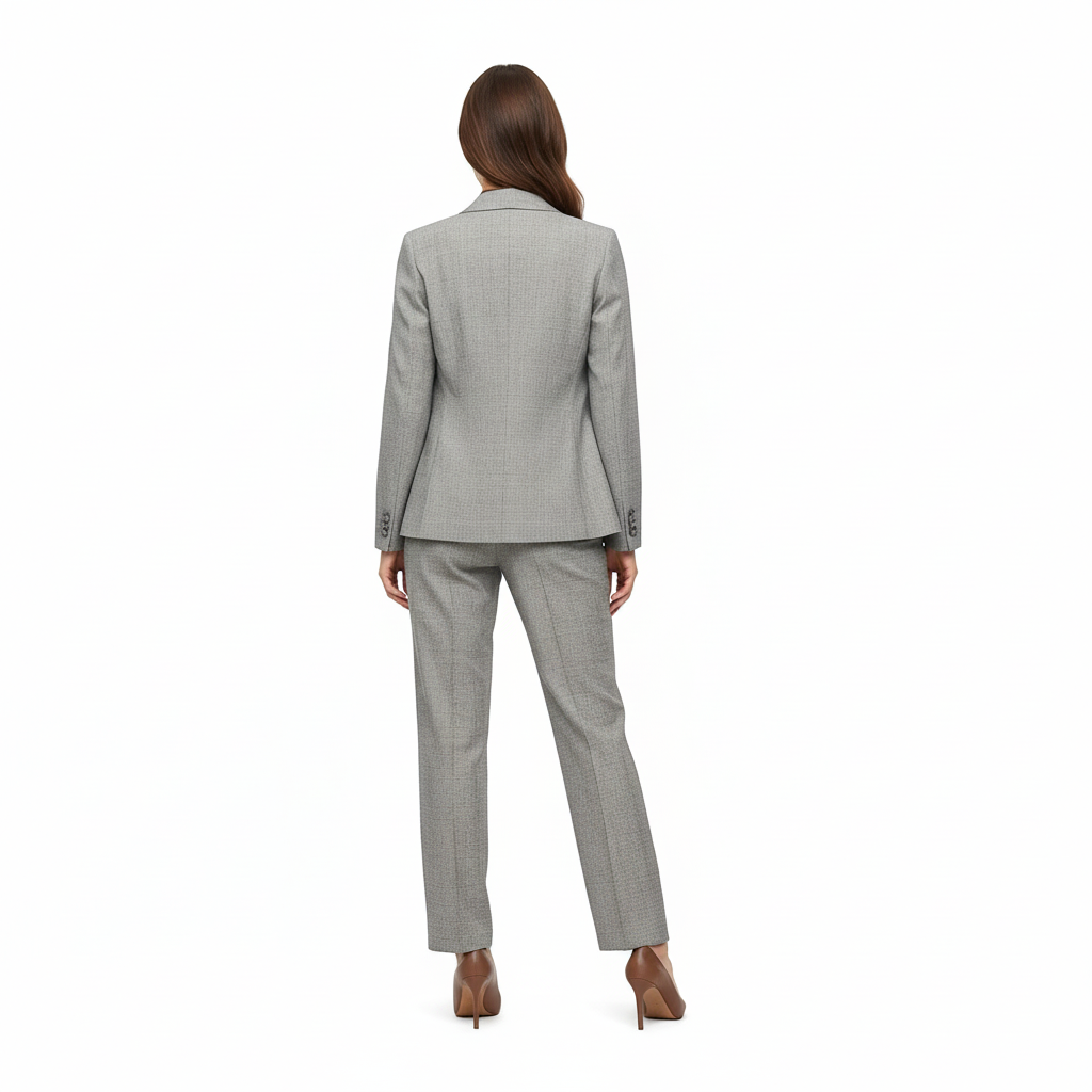 Vista posteriore del completo EmyQ STORE con blazer monopetto e pantaloni in grisaglia grigia melange