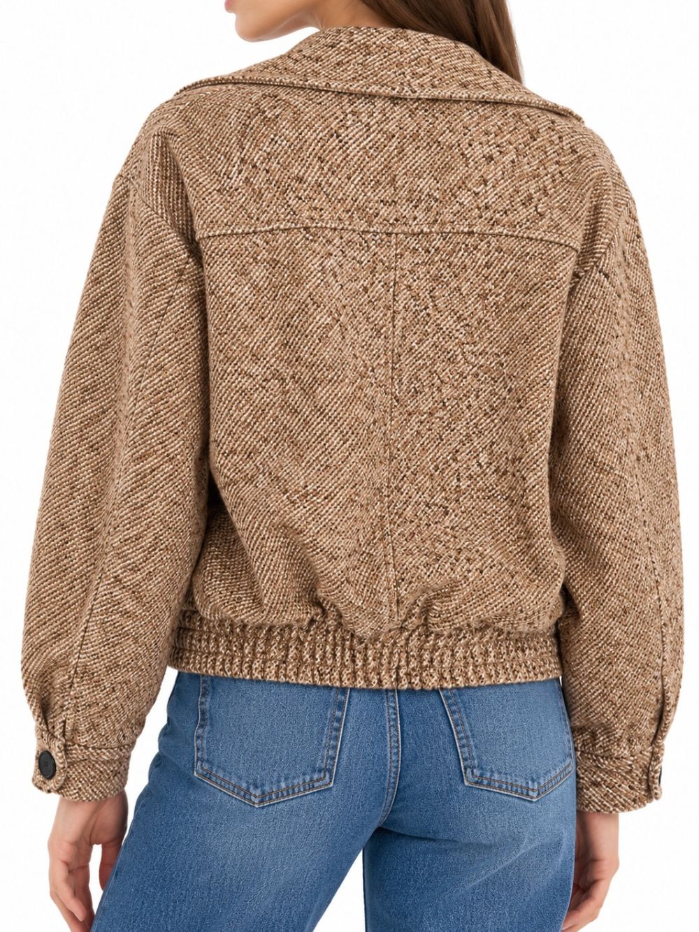 Vista posteriore del bomber modello Golia in tessuto testurizzato beige e marrone con fondo arricciato