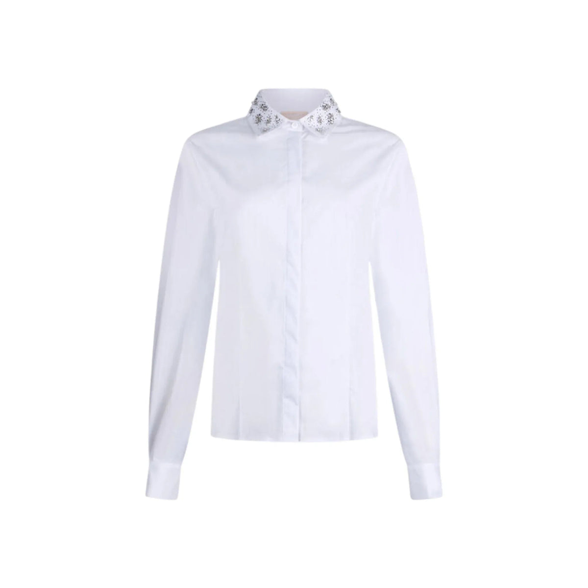 Camicia bianca Liu Jo in popeline slim fit con colletto impreziosito da ricami gioiello, proposta da EmyQ STORE