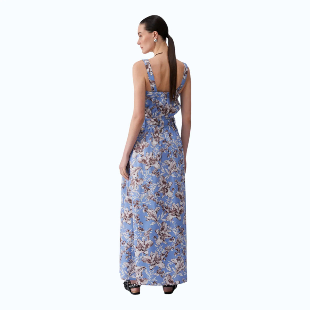Abito lungo Liu Jo in popeline di cotone azzurro con stampa floreale, spalline larghe e cintura
