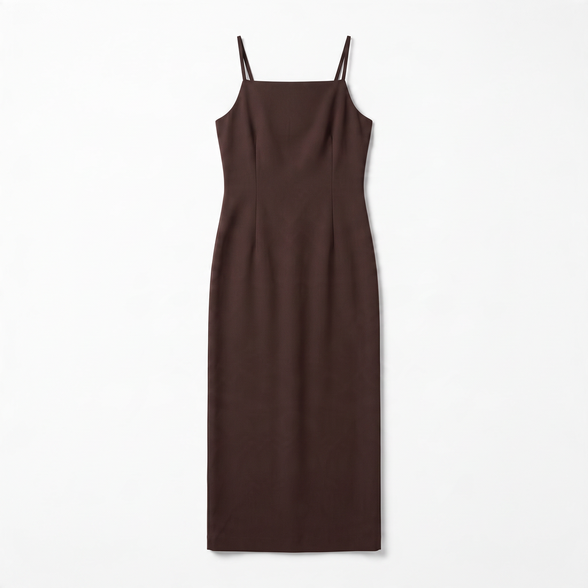 Abito midi marrone con spalline sottili e silhouette avvitata in misto poliestere e viscosa