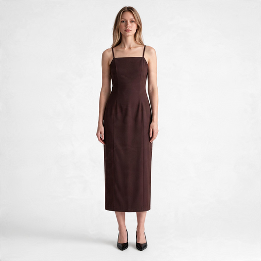 Modella indossa abito midi marrone  con spalline sottili e silhouette avvitata su sfondo neutro