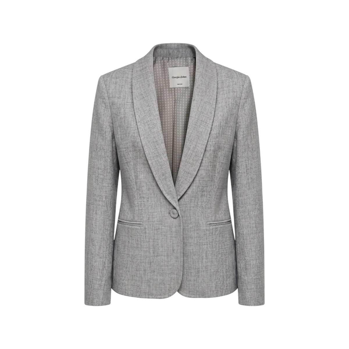Blazer monopetto EmyQ STORE in grisaglia melange grigia con rever sciallato e bottone singolo rivestito