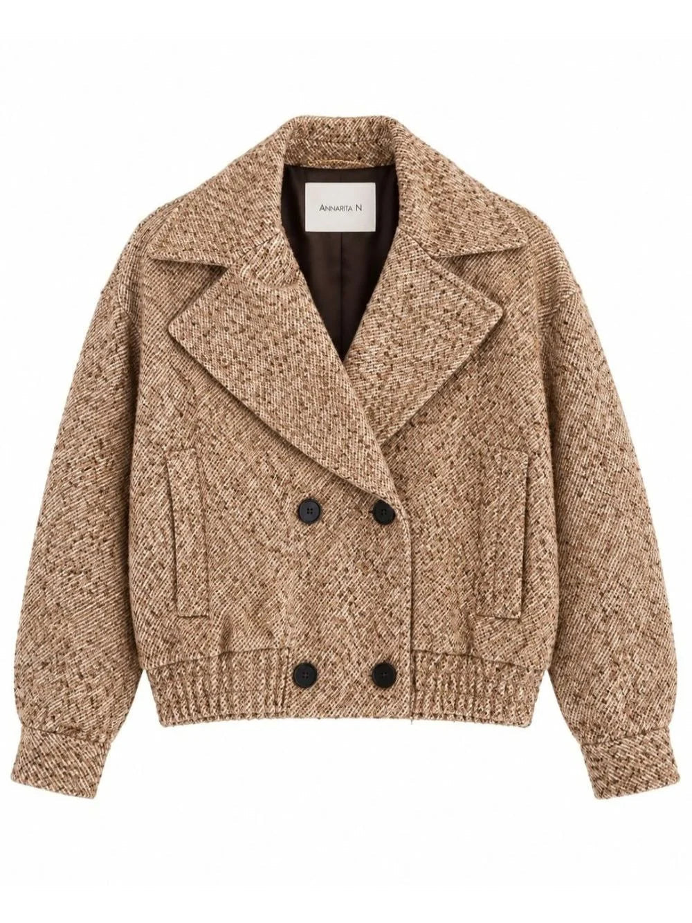 Bomber donna modello Golia in tessuto testurizzato beige e marrone con collo a revers e chiusura doppiopetto