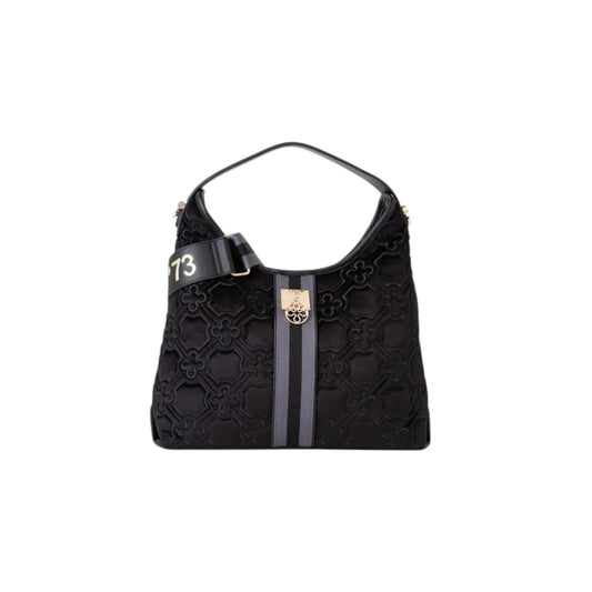 Borsa hobo modello Cate in velluto nero con ricamo all over, nastro centrale e dettaglio metallico
