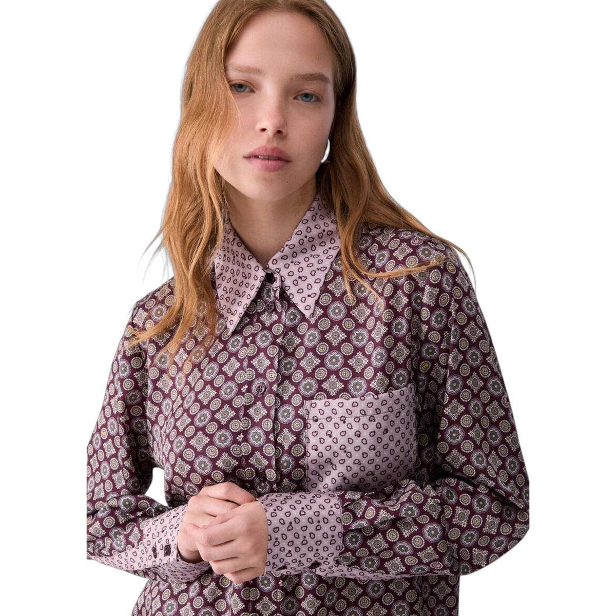 Camicia Liu Jo in twill di poliestere con stampa geometrica all-over e tasca frontale, proposta da EmyQ STORE
