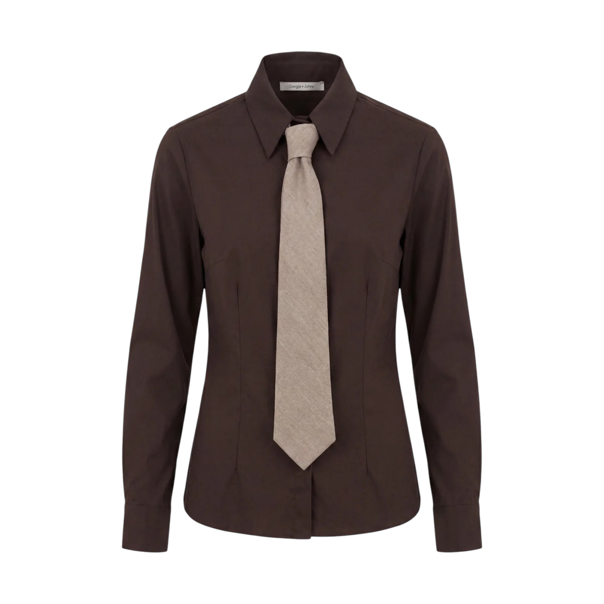 Camicia marrone con cravatta beige a contrasto, design minimalista e taglio sartoriale femminile