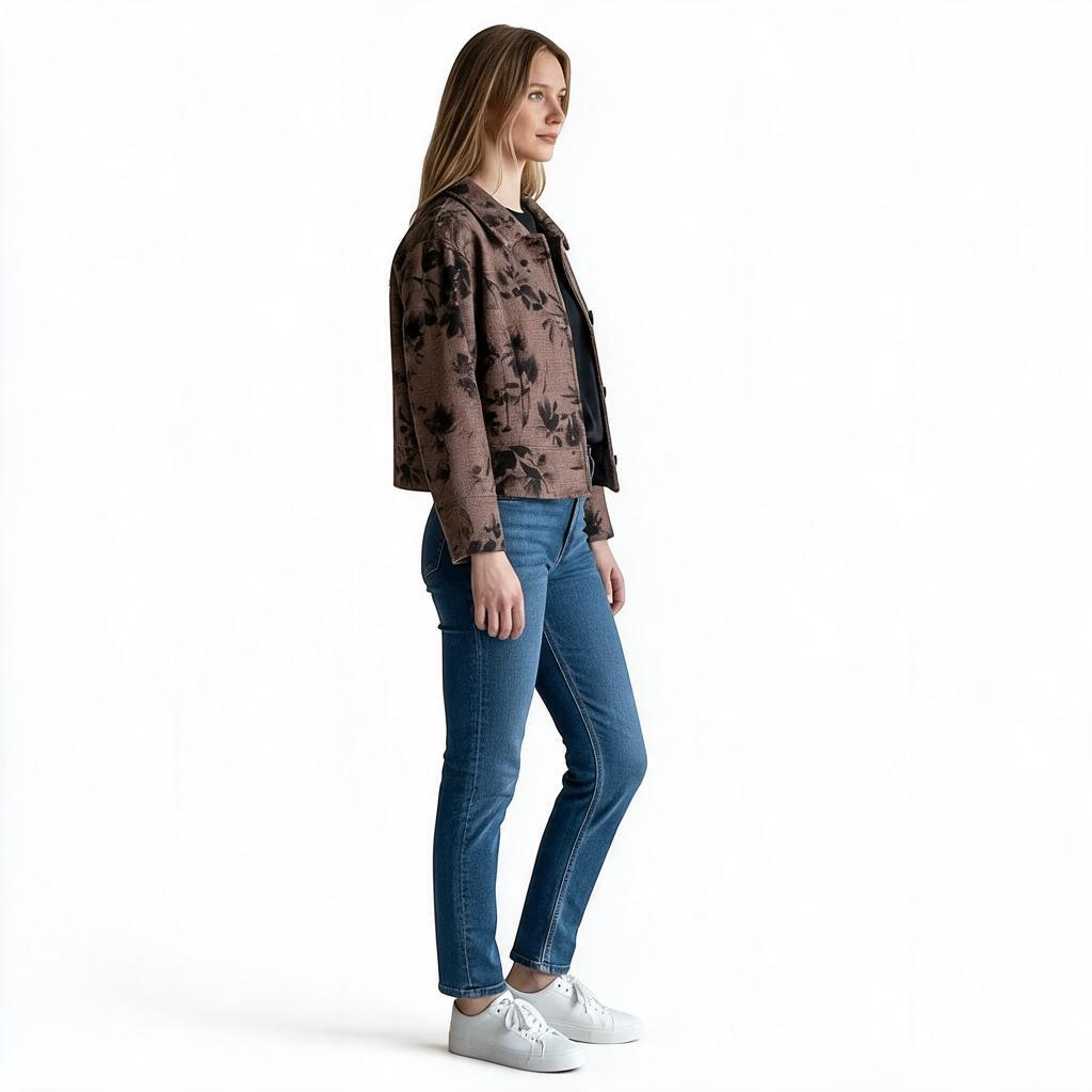 Modella indossa cappotto corto  in tessuto microquadro marrone con stampa floreale nera e tasche applicate