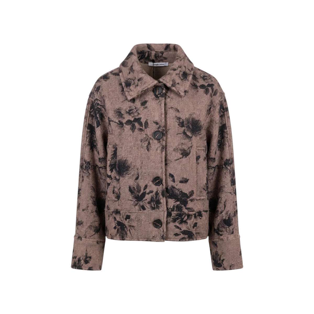 Cappotto corto in poliestere marrone con motivo microquadro e stampa floreale nera, colletto e bottoni.