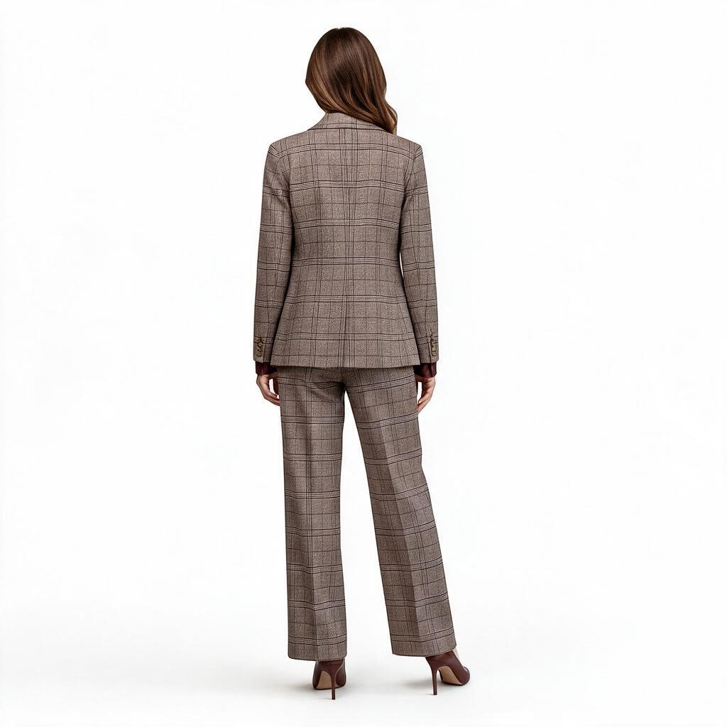 Tailleur donna con giacca e pantaloni in tessuto principe di Galles marrone, vista posteriore