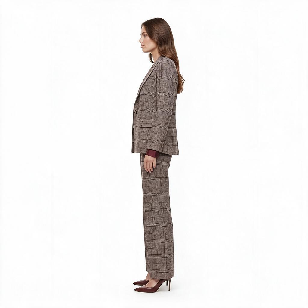 Modella indossa completo con giacca e pantaloni in tessuto Principe di Galles marrone, vista laterale
