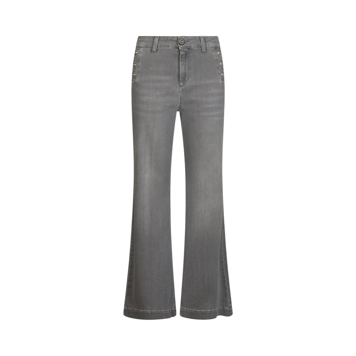 Jeans flare a vita alta in denim grigio stonewash con bottoni dorati decorativi