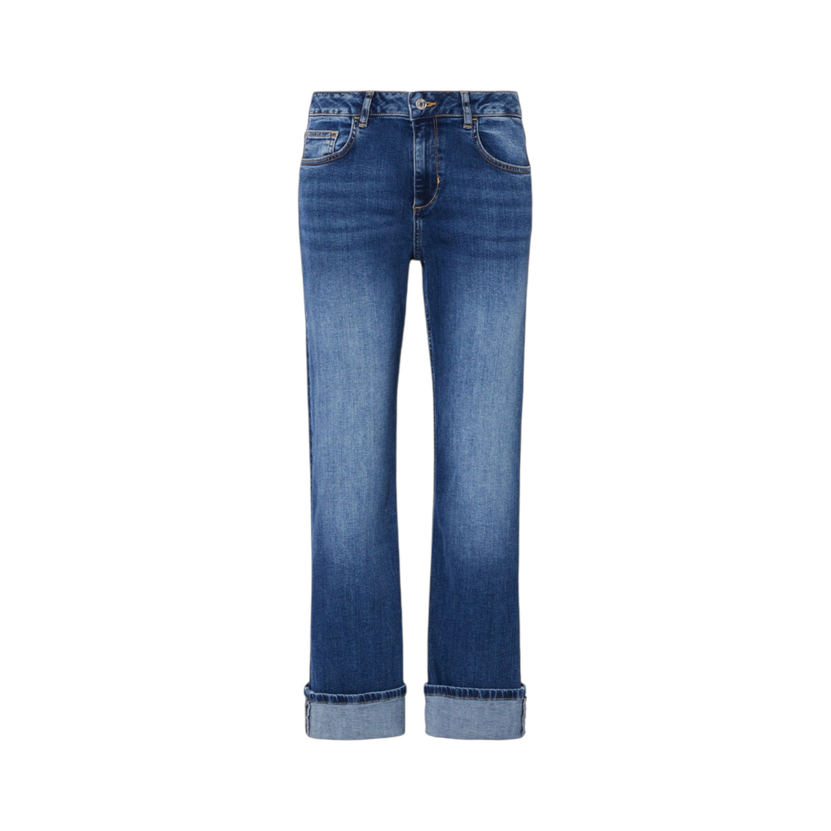 Jeans Liu Jo a gamba dritta in denim blu stone wash con risvolto al fondo e vita media