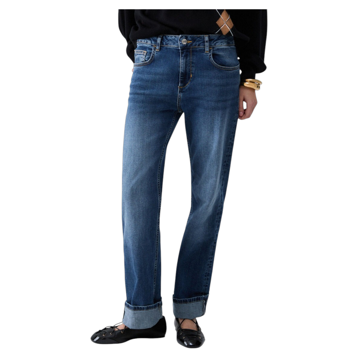 Jeans Liu Jo a gamba dritta in denim stone wash con risvolto al fondo e vita media