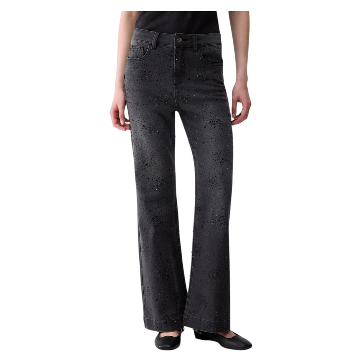 Jeans Liu Jo a gamba dritta in denim stretch stonewash grigio con applicazioni di strass e vita alta
