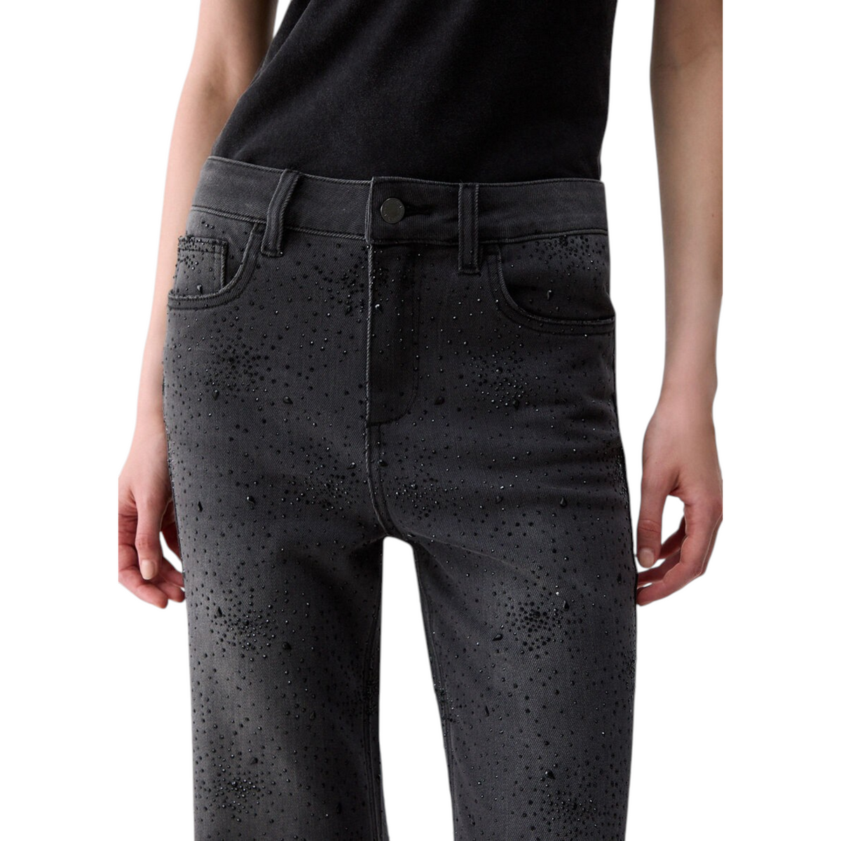 Jeans Liu Jo a vita alta in denim stretch grigio stonewash con strass applicati e modello cinque tasche