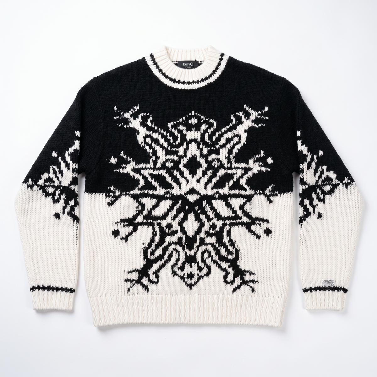 Maglione bicolore nero e bianco panna con grande motivo fiocco di neve e girocollo a costine.