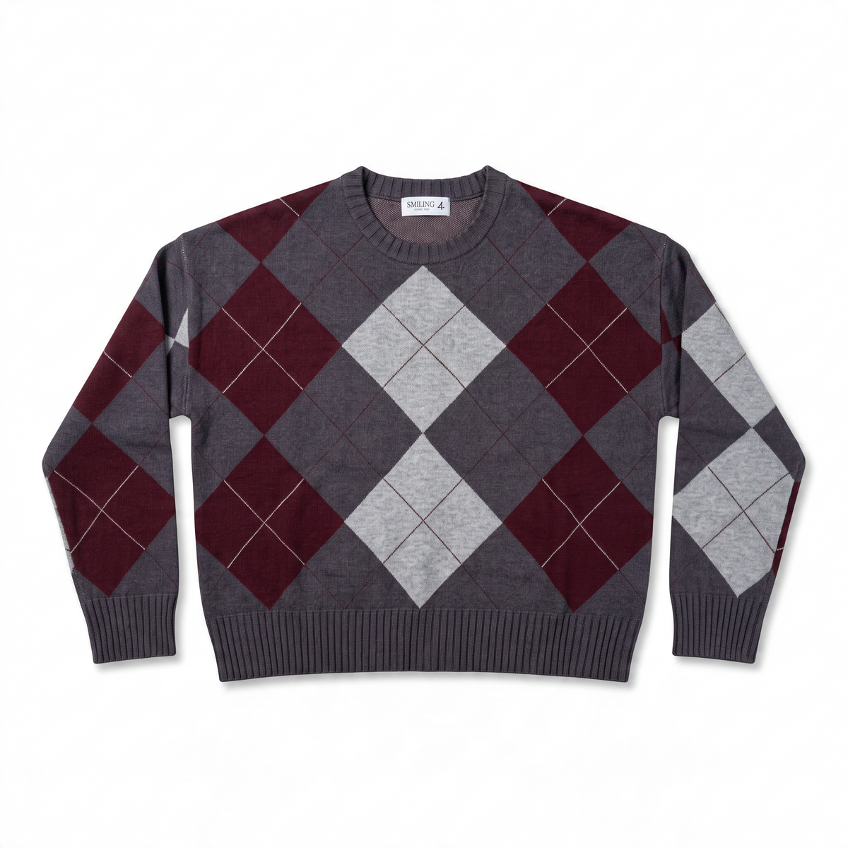 Maglione donna Smiling London a rombi bordeaux e grigi con girocollo e rifiniture a coste in misto viscosa