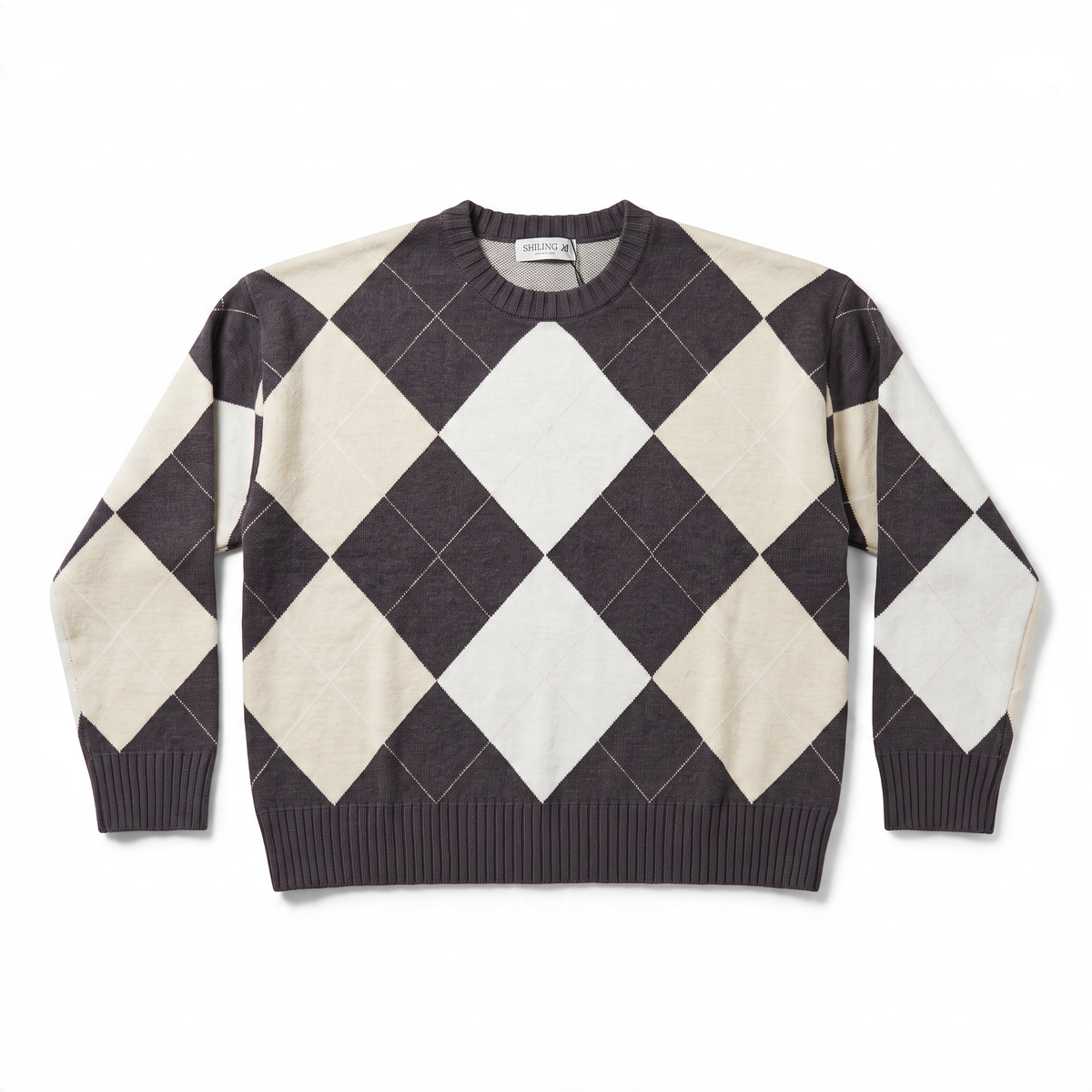 Maglione donna a girocollo con motivo a rombi geometrici nei toni del panna e grigio scuro
