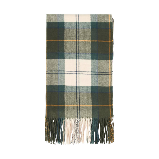 Mantella Barbour Stanway in poliestere con motivo tartan verde e crema e frange decorative