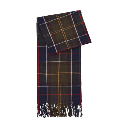 Mantella  Barbour Stanway in morbido poliestere con motivo tartan classico, colori scuri e frange finali.