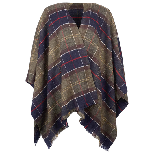 Mantella  con motivo tartan a quadri nei toni del verde oliva, blu navy e rosso con bordi sfrangiati