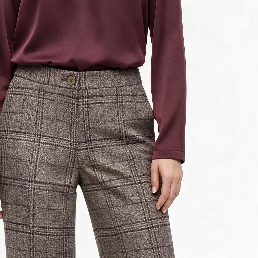 Pantalone modello Principe di Galles a quadri marroni con vita regolare e dettaglio piping laterale