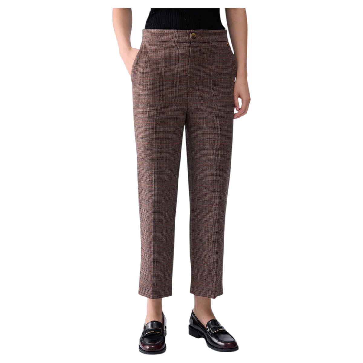 Pantaloni a sigaretta in tessuto tinto filo marrone con vita elastica e chiusura a bottone