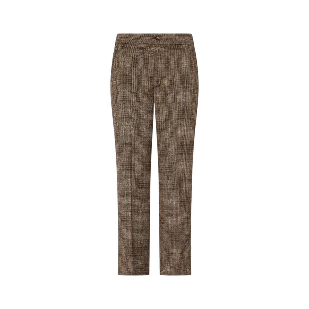 Pantaloni a sigaretta in tessuto tinto filo marrone con chiusura a bottone e tasche laterali