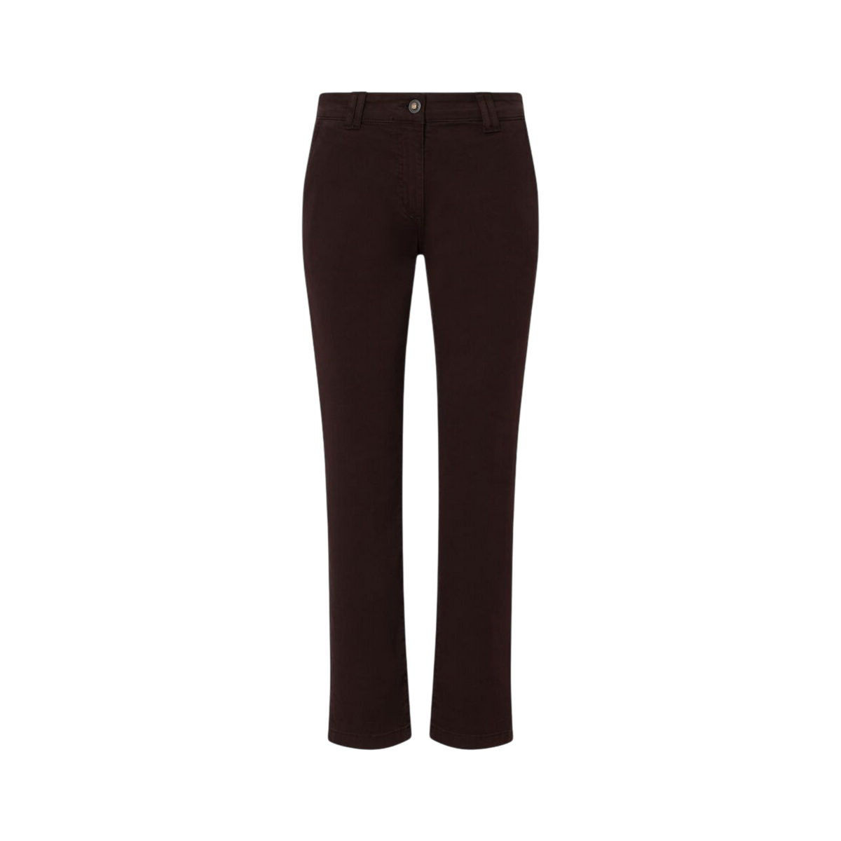Pantaloni a sigaretta in gabardine di cotone marrone scuro con gamba cropped e chiusura a zip