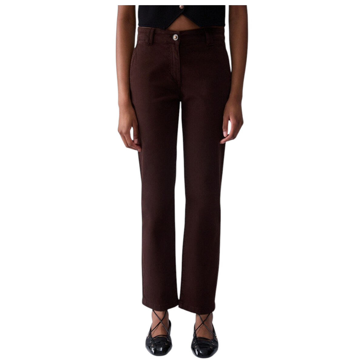 Pantaloni a sigaretta Liu Jo marroni in gabardine di cotone con gamba cropped, disponibili da EmyQ STORE